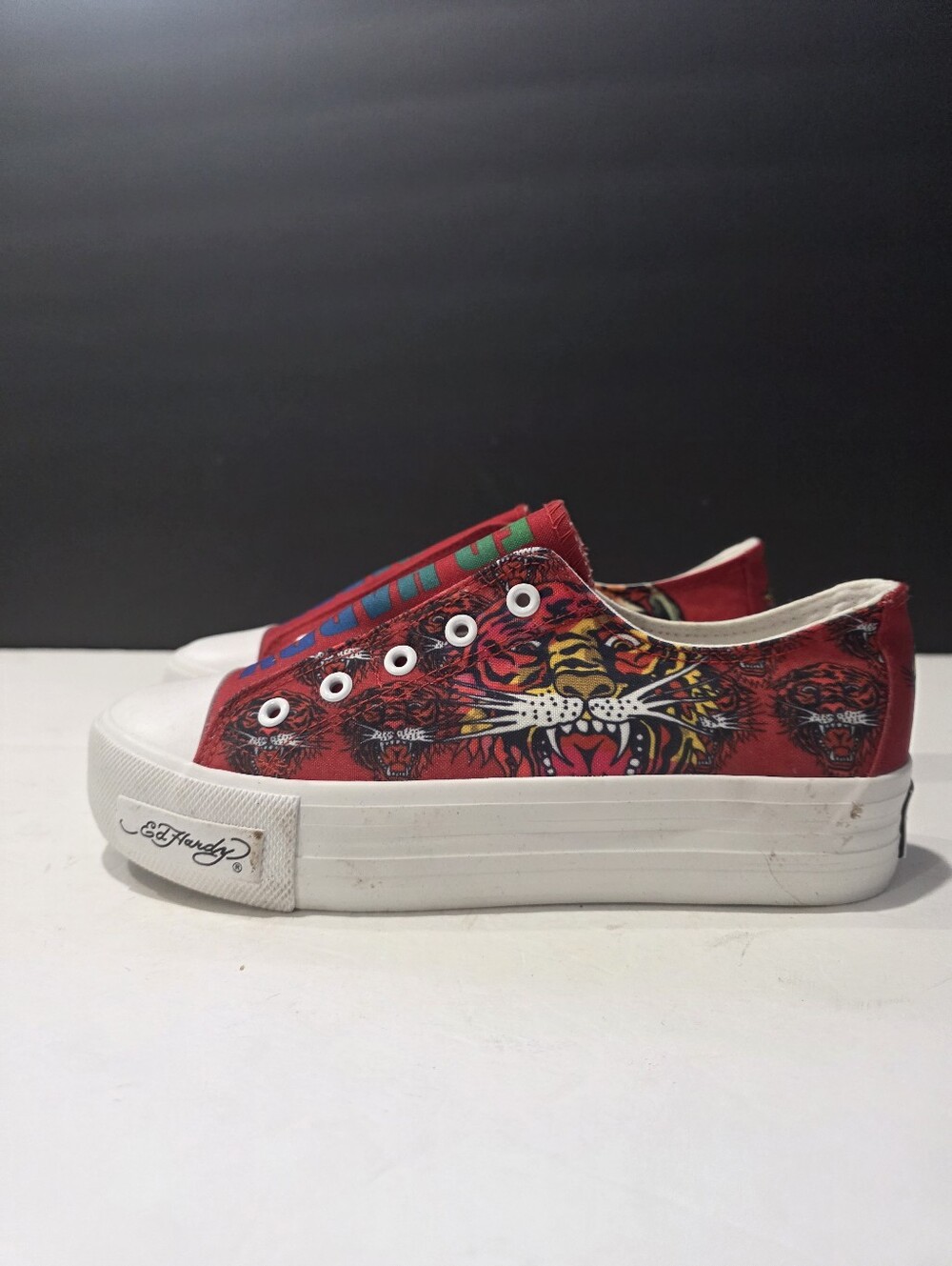 Y2K Ed Hardy Poppy Tiger Red Laceless Slip-On Canvas Sneakers Men's Size 8
